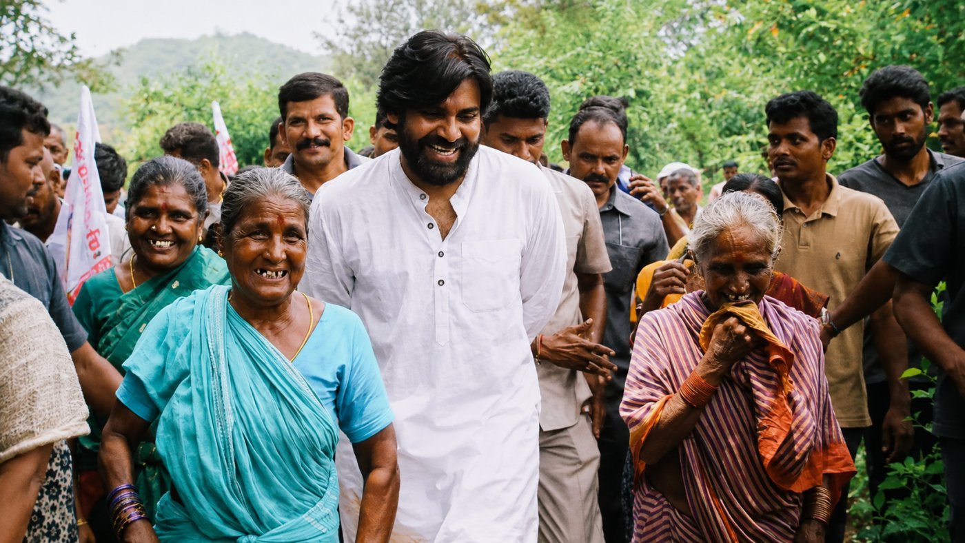 గ్రామ పర్యటనలో ప్రజలతో కలిసి నడుస్తున్న పవన్ కళ్యాణ్